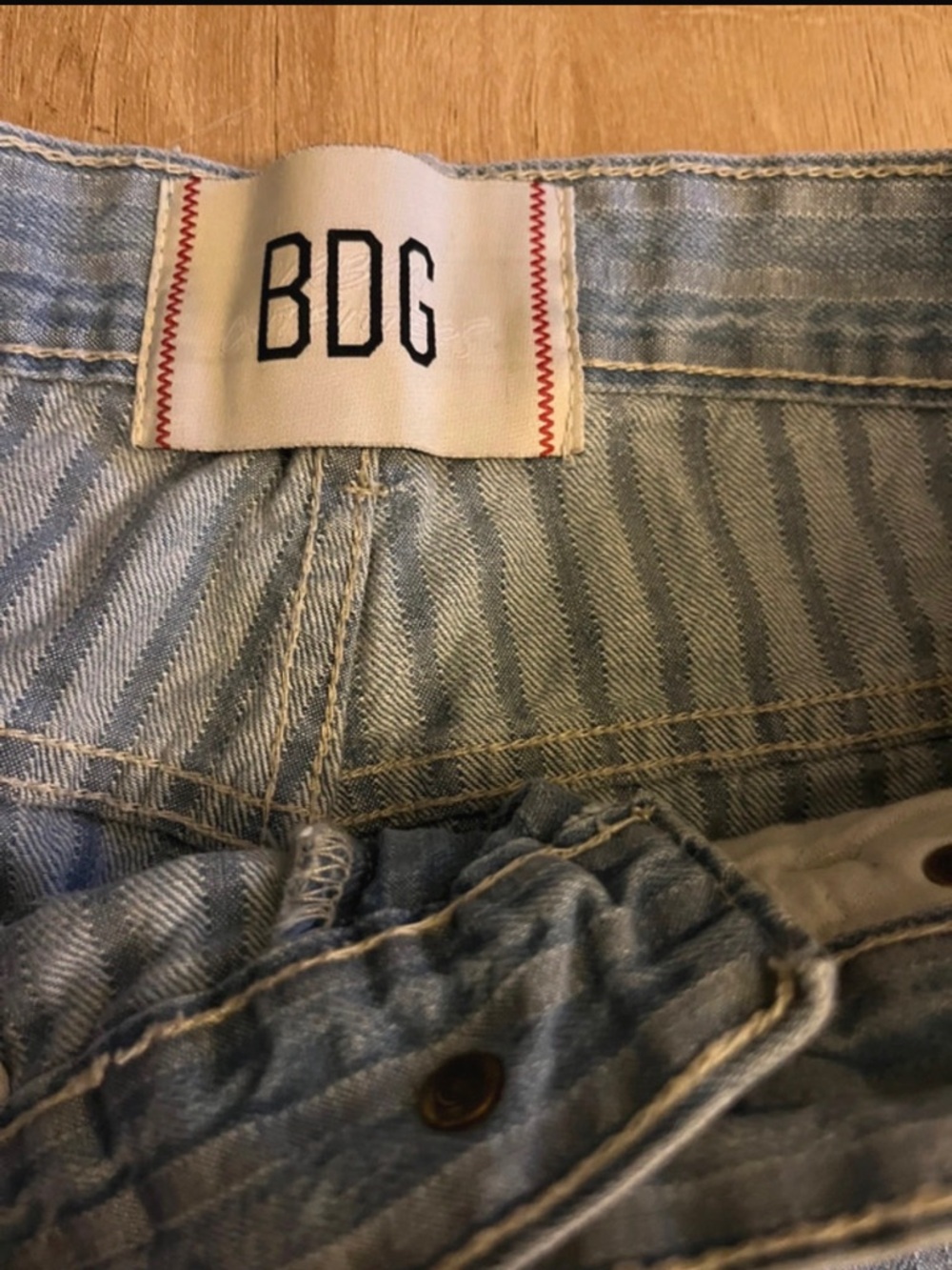 BDG Faded Blue Striped Denim Shorts with Black Patch